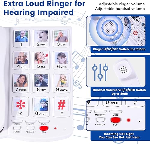 Miniatura 5 de Teléfono de botón grande para ancianos, teléfono con cable para personas mayores con 10 botones de imagen de marcación de un solo toque, 110 dB +