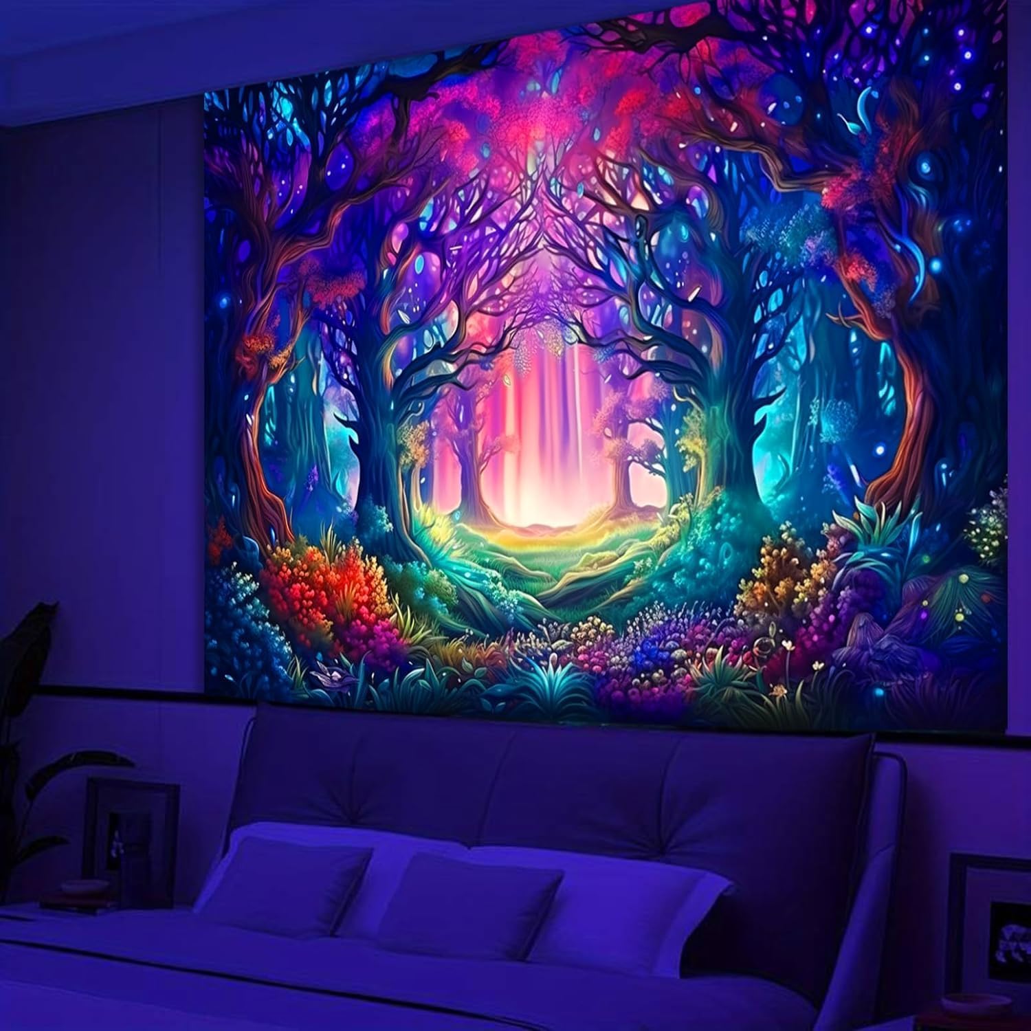 Simpkeely Blacklight Fantasy Forest Tapestry, UV Reactive Nature Magical Tree Glow Wall Hanging Tapestries for Bedroom, Living Room - 70.9" x 118.1"