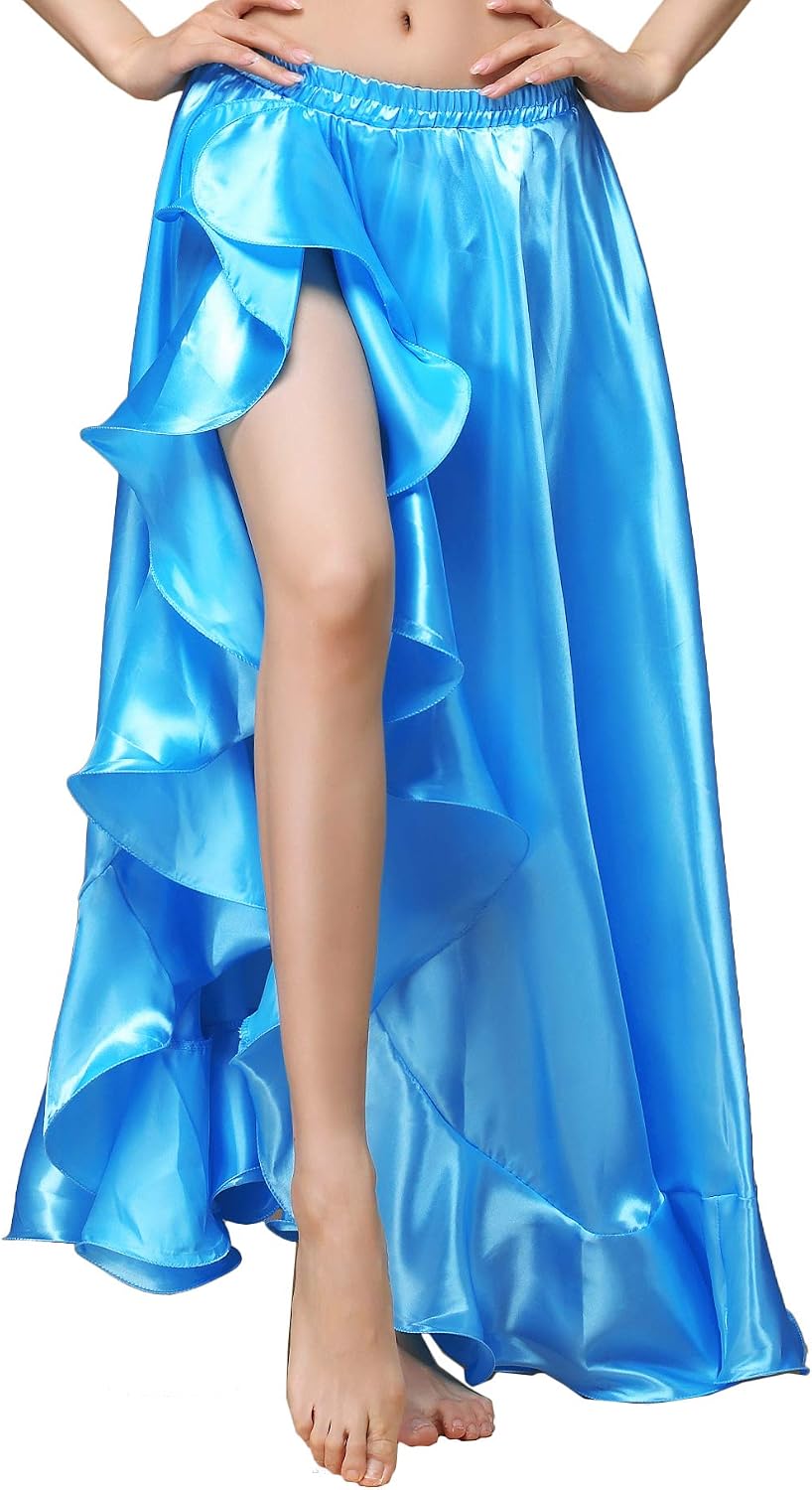 MUNAFIE Belly Dance Skirt Satin Split Side Long Skirts for Women