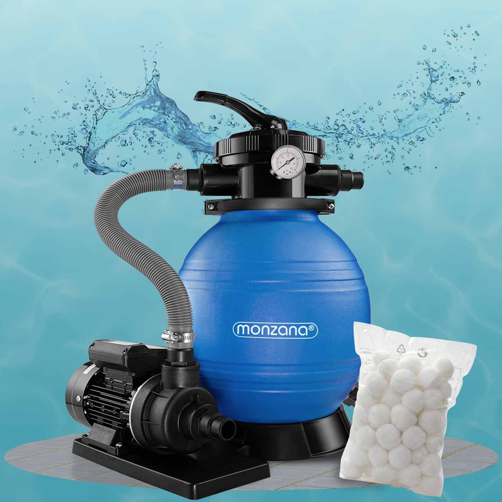 MONZANA® Filtro Acqua per Piscina SF102K 10.200 L/h Fino a 35.000L Palline Filtranti 1000gr Incl. Valvola a 7 Vie Adattatore 2in1 Ø32-38mm Pompa di Filtraggio 450W Filtri Piscine Pompe Filtranti