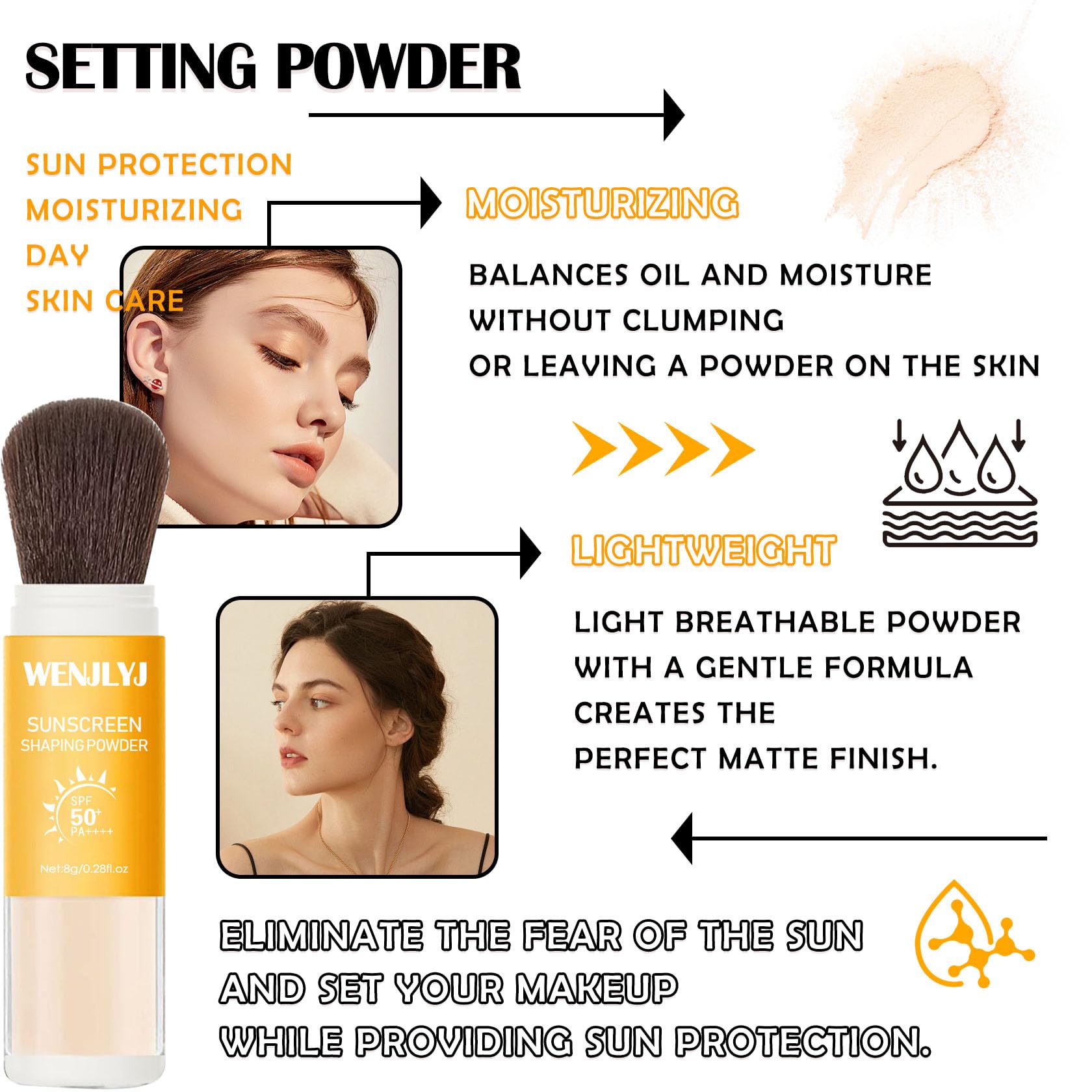 Maquillaje de polvo de ajuste de protector solar mineral, polvo translúcido SPF 50 PA ++++,Control de aceite de larga duración de ajuste facial protector solar en polvo, acabado mate, ligero, 2
