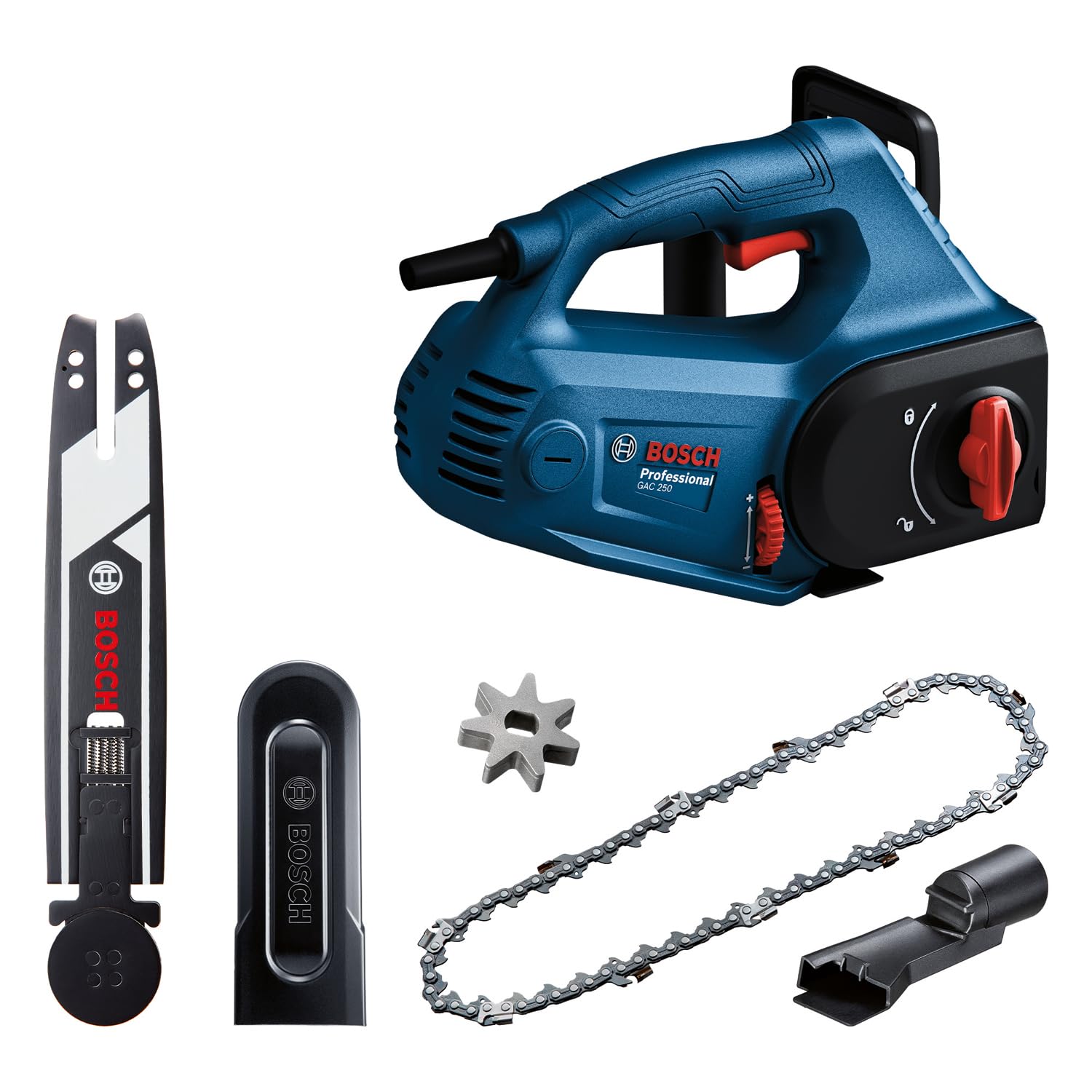 Bosch Professional: piła do bloczków z betonu komórkowego GAC 250 (prędkość łańcucha 12 m/s, rozmiar łańcucha 3/8 cala, długość prowadnicy 250 mm)