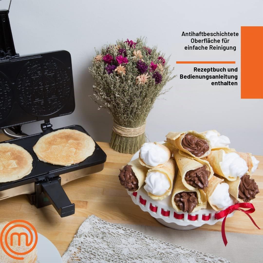 MasterChef Krumkake Baker,Machen Sie 2 hausgemachte Pizzellen wie Kekse, ideal für Cannoli-Füllung und Waffelkegel, lustige Antihaft-elektrische Bügeleisenpresse, Küchengeräte, Sommer, Geschenk