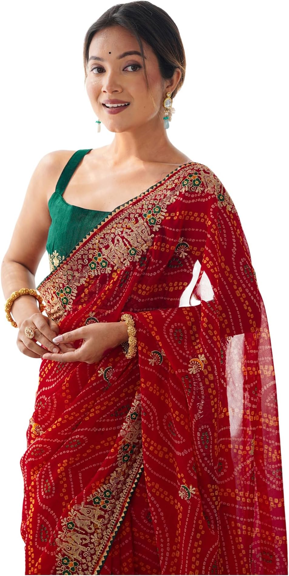 Women's Georgette Bandhani Printed Embroidery Saree With Unstitched Blouse Piece