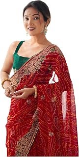 SIRIL Women's Georgette Bandhani Printed and Embroidery Saree with Unstitched Blouse Piece Price In India