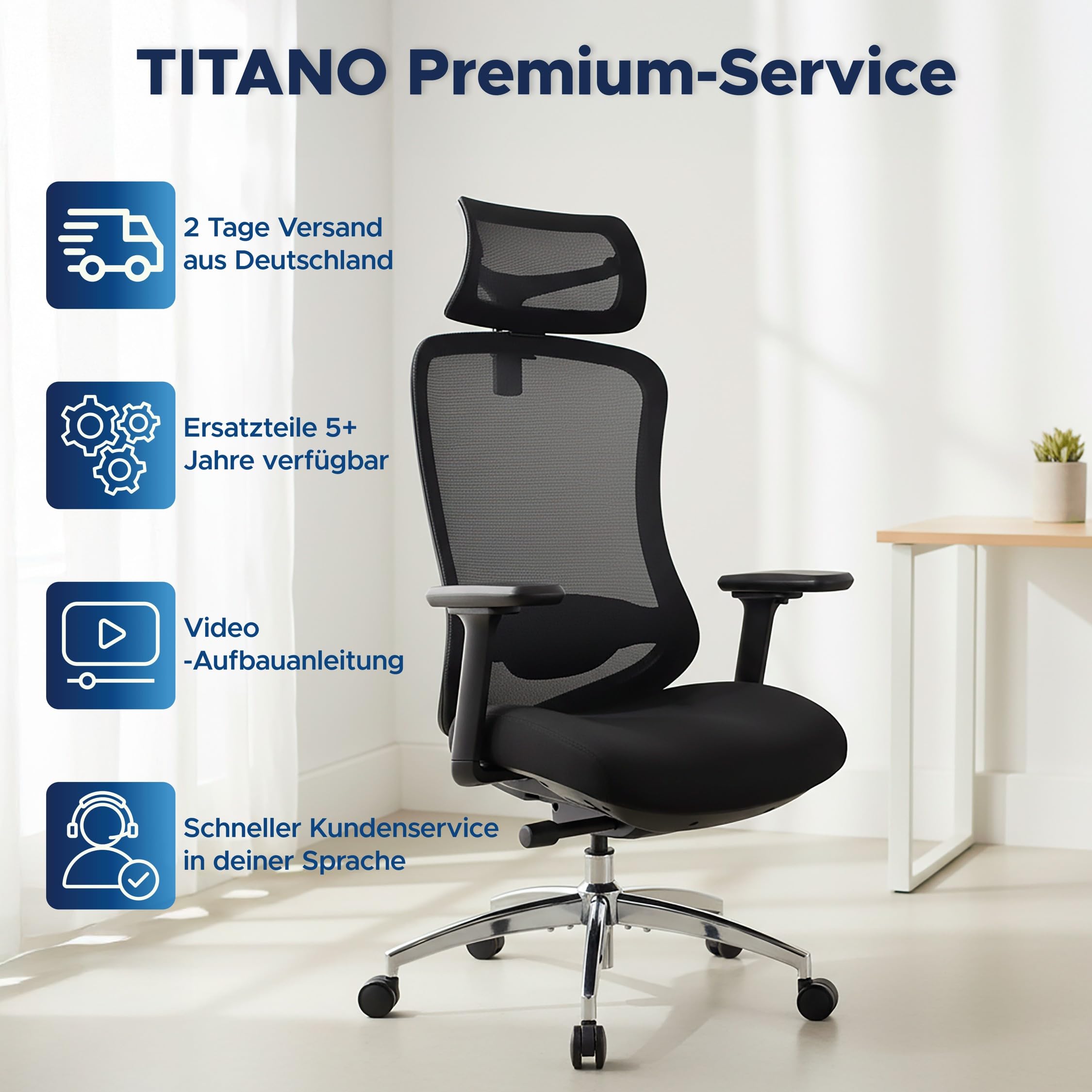 TITANO E5 | Ergonomischer Bürostuhl mit Neigungsfunktion, 4D-Armlehnen, Lendenwirbelstütze & Kopfstütze – Drehstuhl für Home Office & Büro | 150 kg Belastbar | Ergonomic Schreibtischstuhl