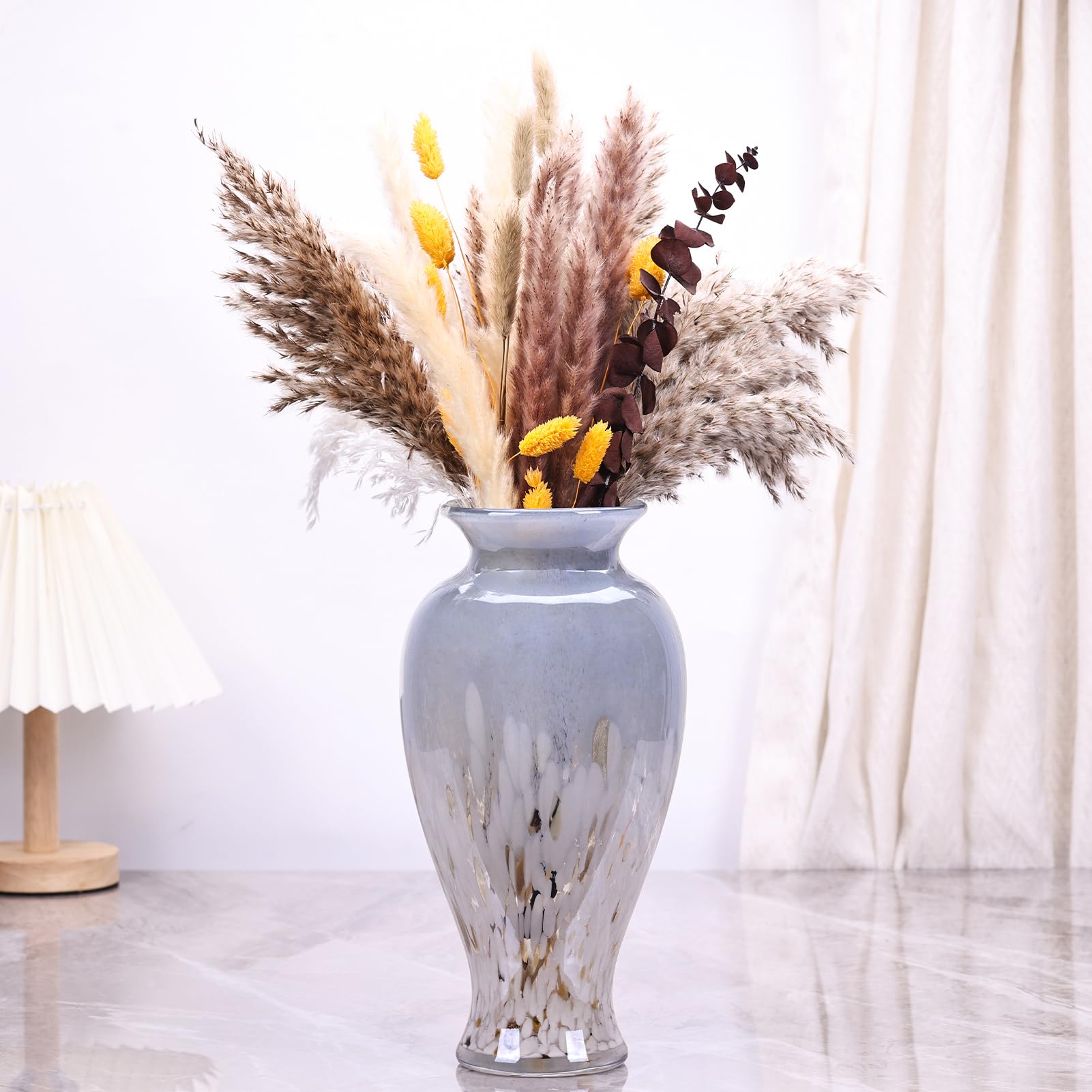 30 cm Vaso in Vetro Soffiato Blu Chiaro e Bianco, Vaso Colorato a Bocca Larga, Vaso Artistico per Casa, Soggiorno, Tavolo, Erba della Pampas (Blu E Bianco)