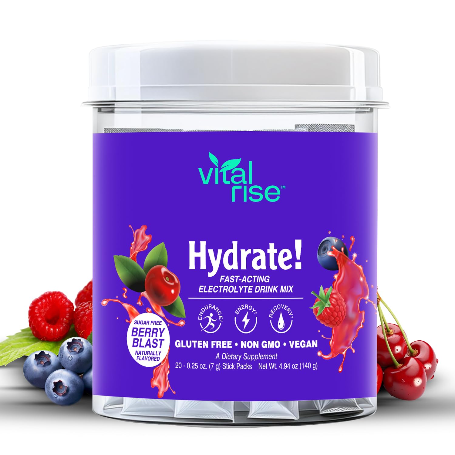 Hydrate! - Berry Blast - Hydration Powder Packets | Low Sodium Electrolyte Drink Mix | Easy Open Single-Serving Stick | Non-GMO | 20 Servings (Pack of 1)