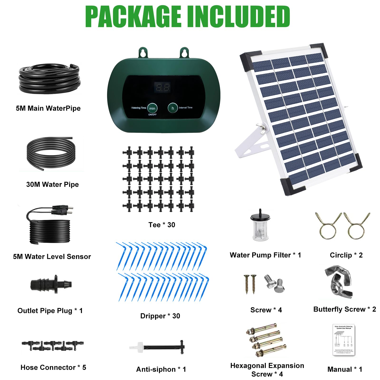Lewisia Sistema solar de riego por goteo de 5 W con temporizador, kit de riego automático para jardín, camas elevadas, patio, césped, invernadero, hasta 30 plantas