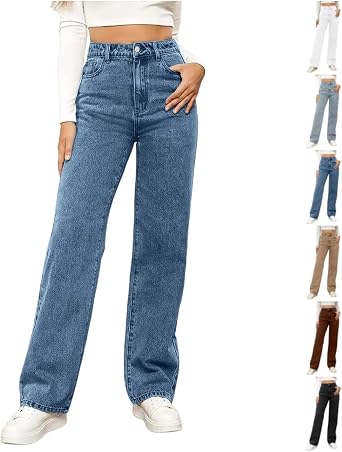 Straight Leg Jean for Women High Waisted Jeans Baggy Pants Fashion Loose Stretchy Wide Leg Denim Pants with Pockets