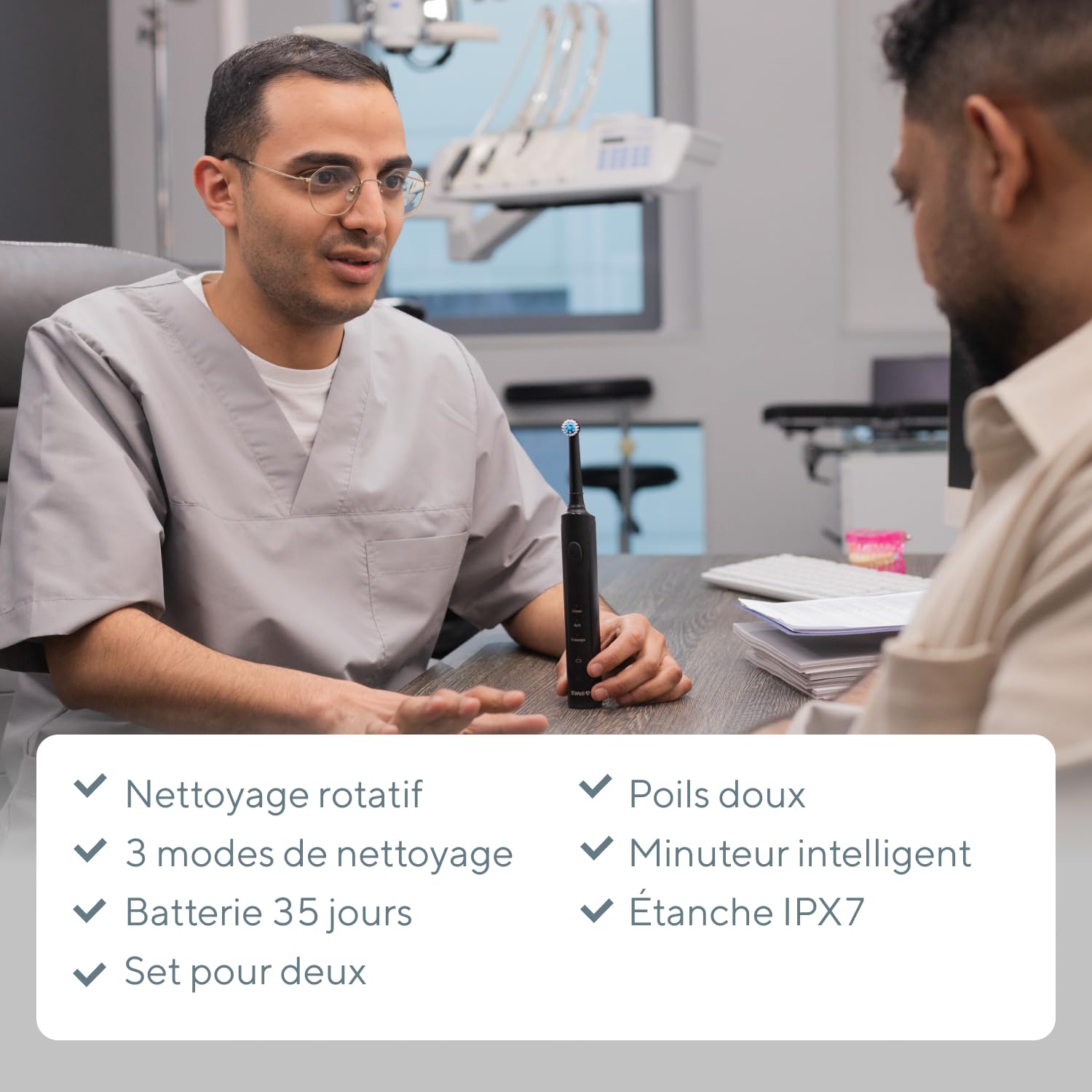Brosse à Dents Rotative B.Well PRO-800 | 3 Modes & Autonomie 35 Jours | Qualité suisse, minuteur 2 minutes avec intervalle 30s, charge par induction & 2 brossettes, Noire