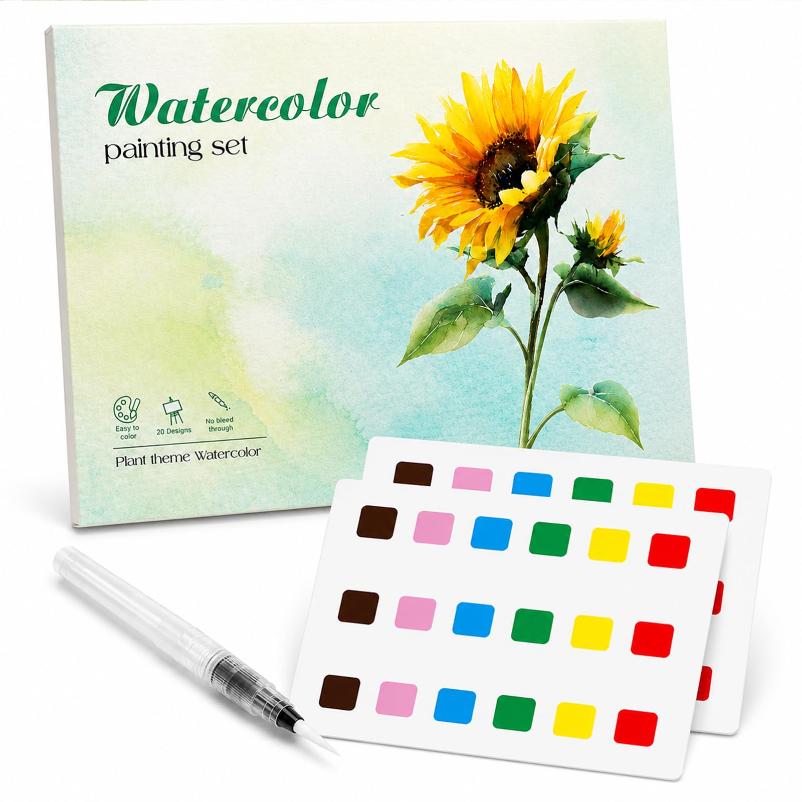Botanical Watercolour Workbook, 20 Pre-Drawn Designs, Paint Cards & Brush