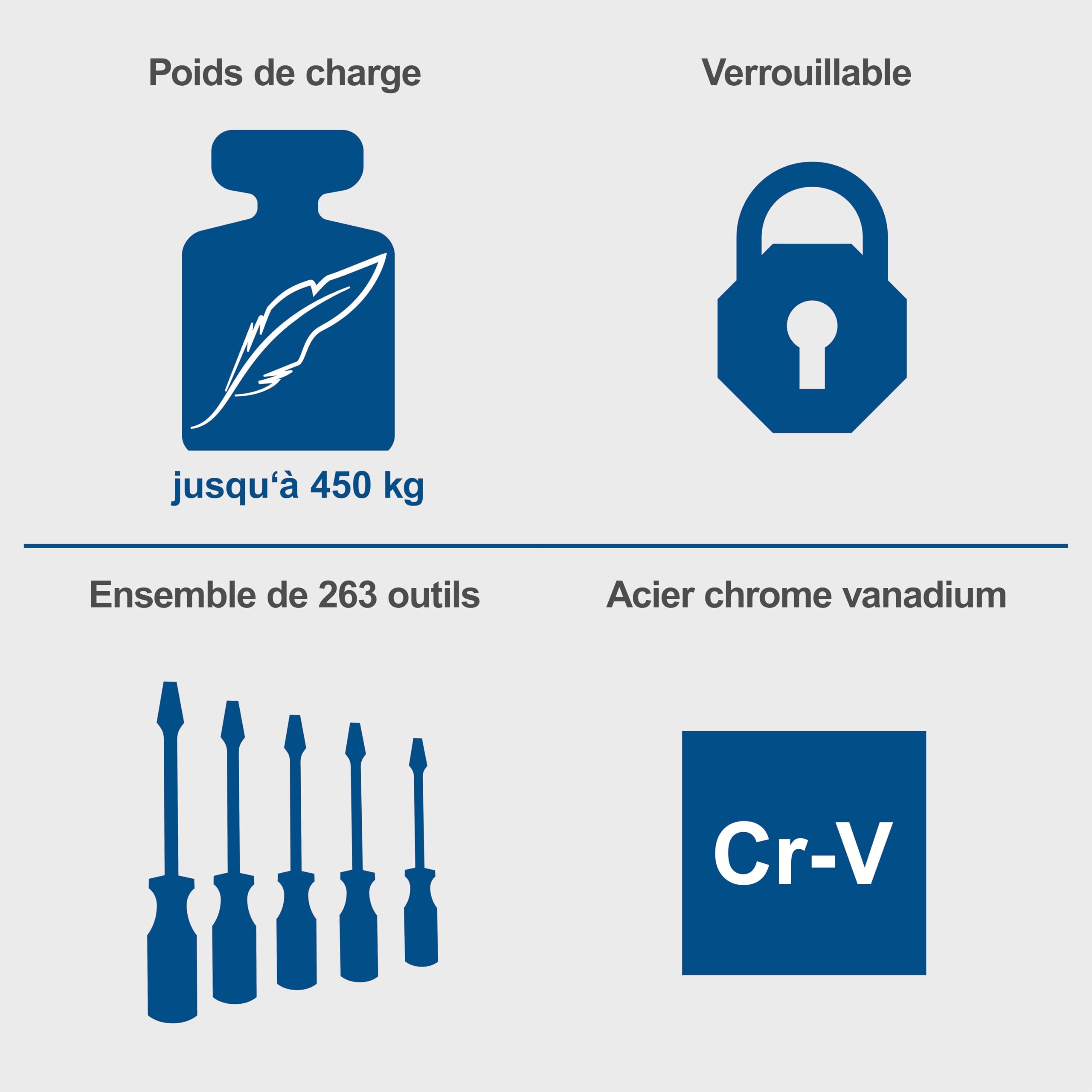 Scheppach Servante d'atelier TW1000 Set d'outils | 263 pièces incluses | Chariot d'outillage avec 4 roulettes | Verrouillable et Mobile | 7 tiroirs