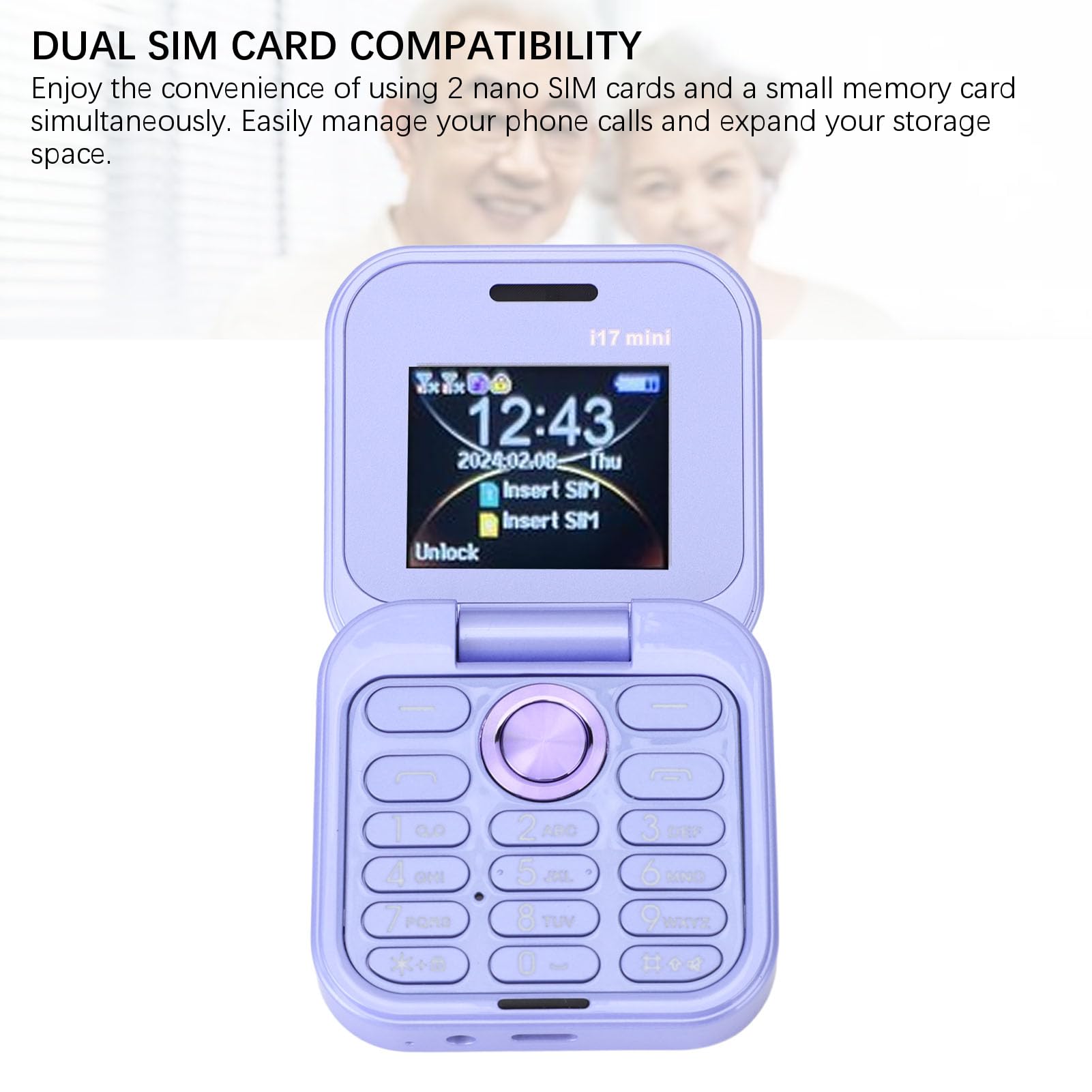 Bewinner El Teléfono Celular Más Pequeño con Tapa: Nano SIM Dual, Radio FM, Reproductor Multimedia 2G, Linterna LED, Cámara Trasera HD, Cordón para Personas Mayores (Violeta)