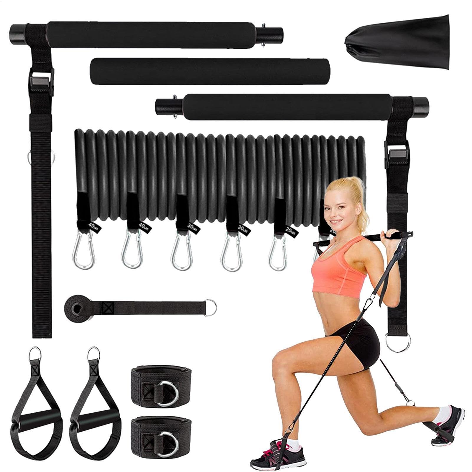 Pilates Equipment Set: Multifunktionale Pilatesstange mit Widerstandsbändern | Heim-Fitnessgerät für Frauen | Ganzkörper-Krafttraining, Yoga