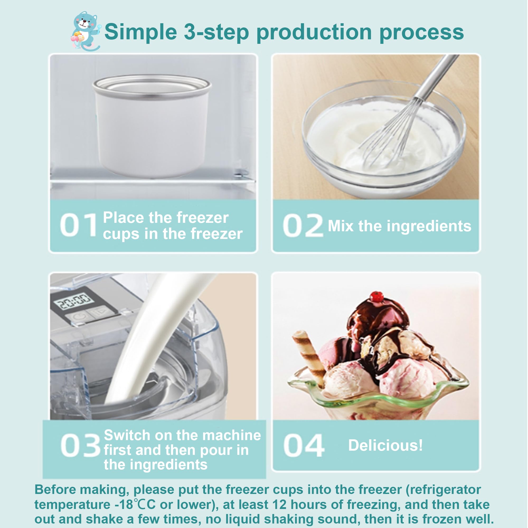 Eiscreme-Maschine, 1,5L Dessert-Maschine, Frozen Yoghurt Maker, 15 Minuten Quick Make, One Touch Adjustment, schnell EIS, Sorbet und Joghurt Machen