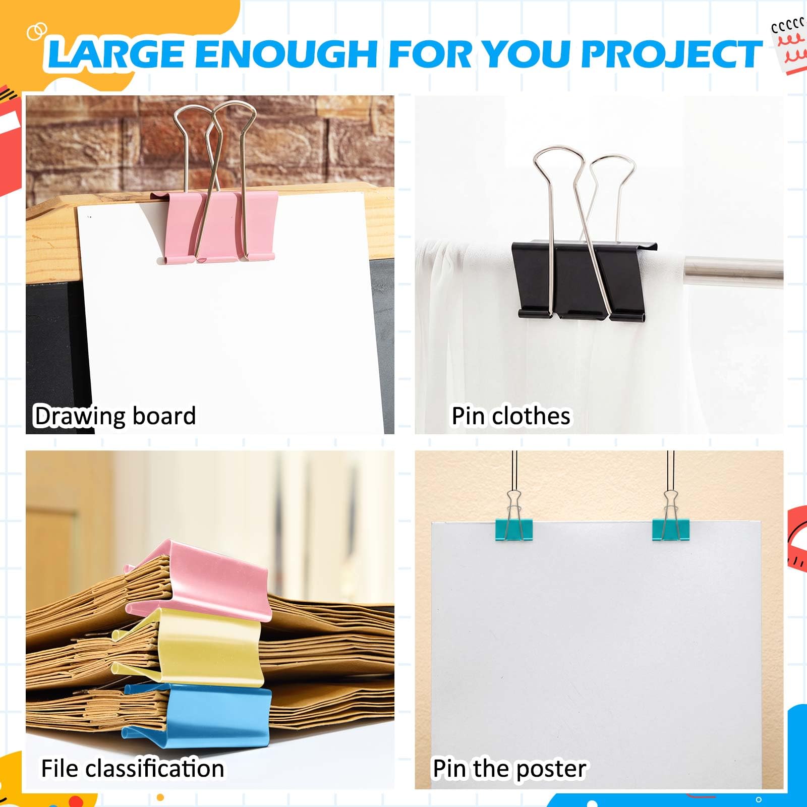 Lot de 48 pinces à reliure Jumbo de 7,6 cm, pinces à papier très résistantes pour fournitures de bureau et de maison (multicolore, noir)