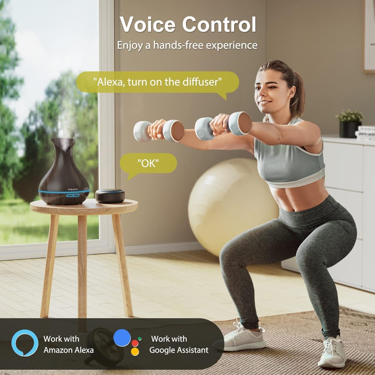 Woman exercising, controlling the Maxcio diffuser with a voice command to Alexa.