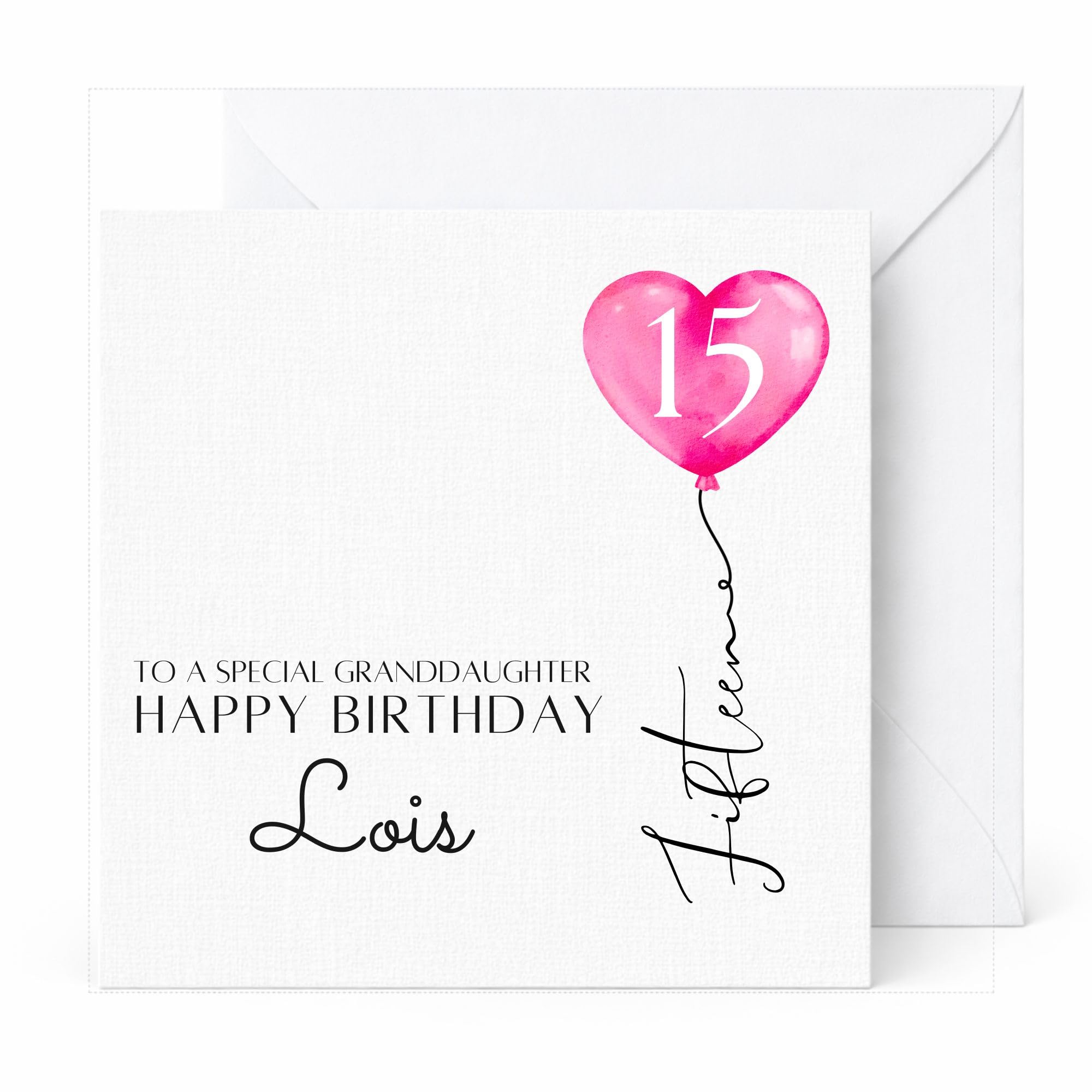 Personalised 15th Birthday Card with Name, Pink Heart Balloon Design, Handmade Teen Birthday Card for Girl