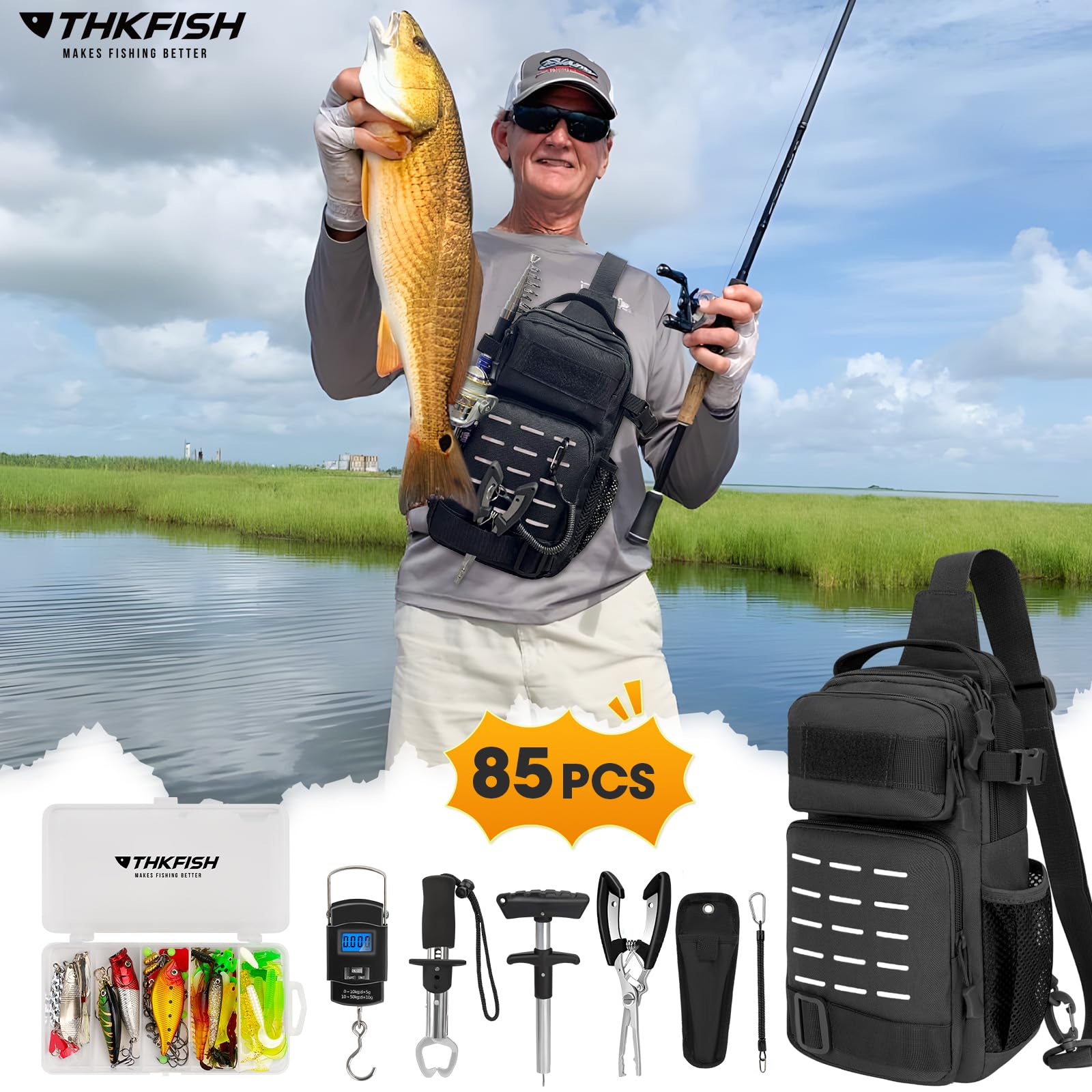 THKFISH Kit di attrezzi da pesca da 85 pezzi, zaino da pesca con scatole incluse, kit di attrezzatura da pesca include kit di attrezzi per esche da pesca, pinze da pesca, rimozione amo da pesce, pinza