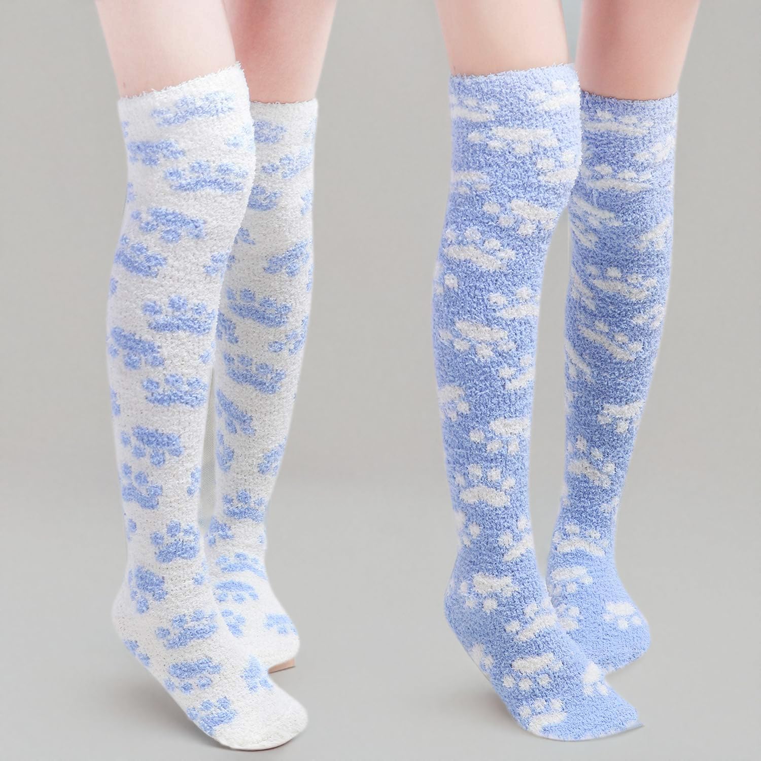 Littleforbig Cute Coral Fleece Thigh High Long Paws Pattern Socks 2 Pairs: Large Blue