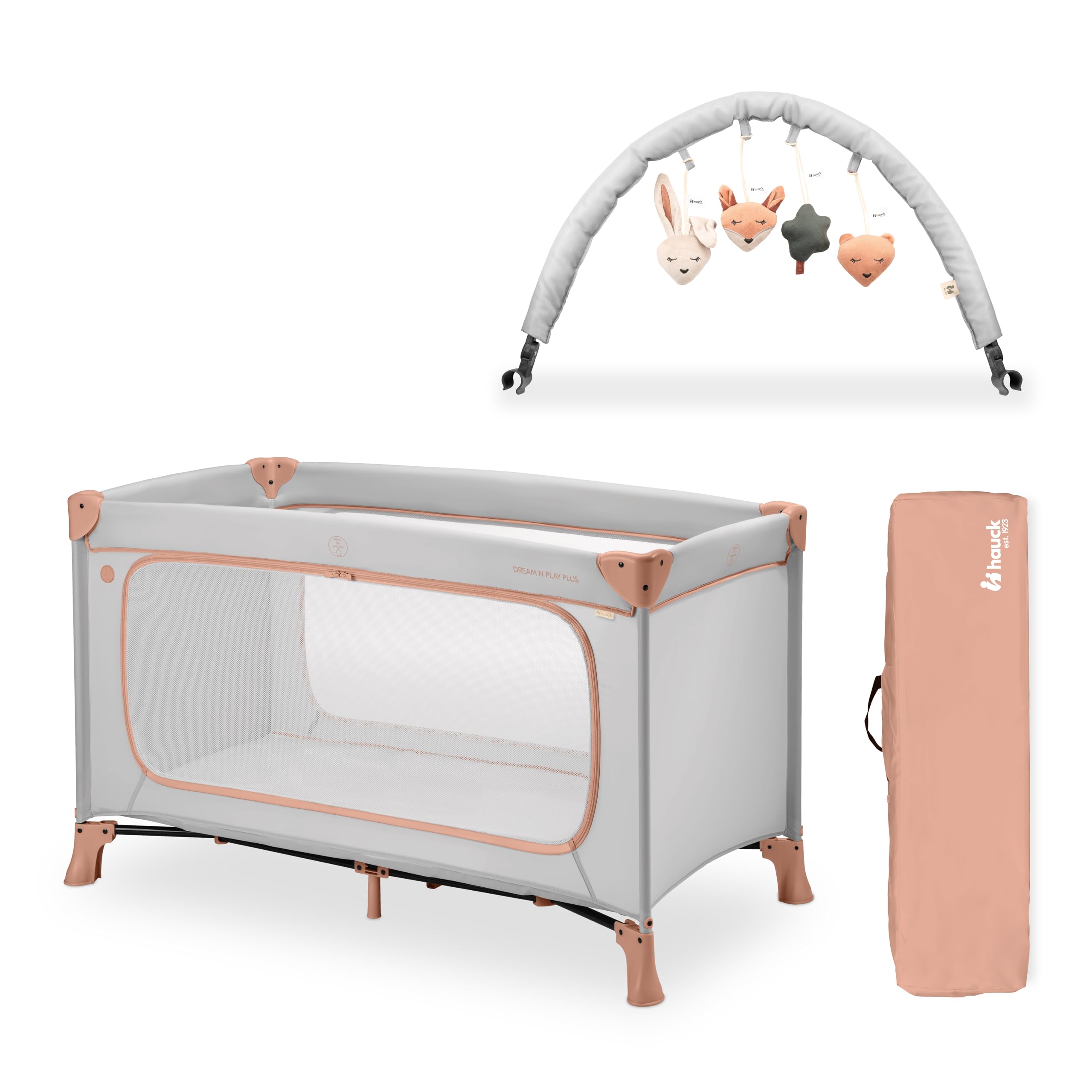 hauck Kinderreisebett Dream N Play Plus inkl. Spielbogen, Dusty Cork/Forest - ab Geburt bis 15 kg - mit XL Spiel Schlupf & Tragetasche - Leicht & Klein Zusammenklappbar