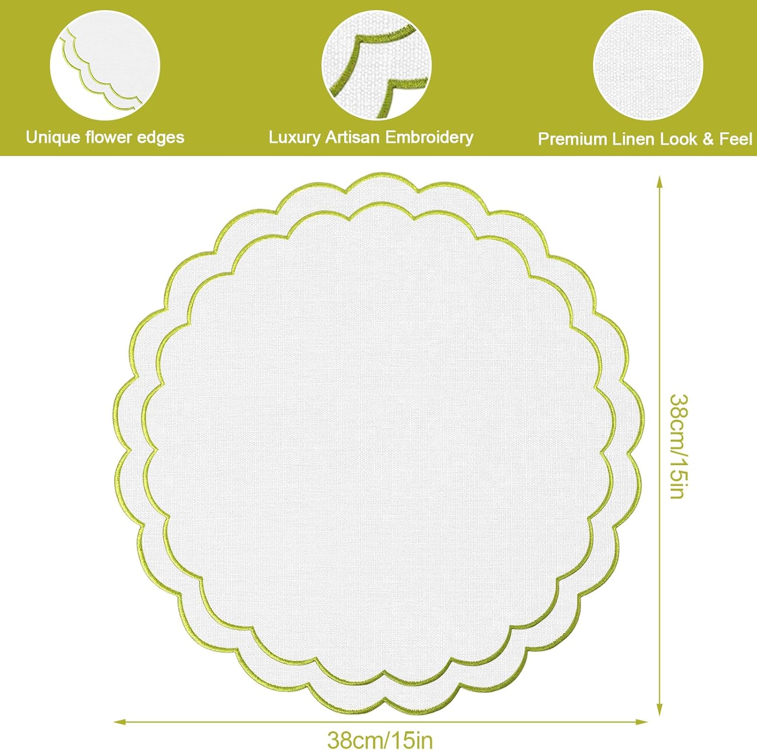 Set of 8 Cotton Linen Placemats, 15x15 Scalloped Flower Embroidery Cloth Table Mats Double Layered Fabric Machine Washable Wrinkle Free Dining Placemat for Restaurant Kitchen Decor, White with Green