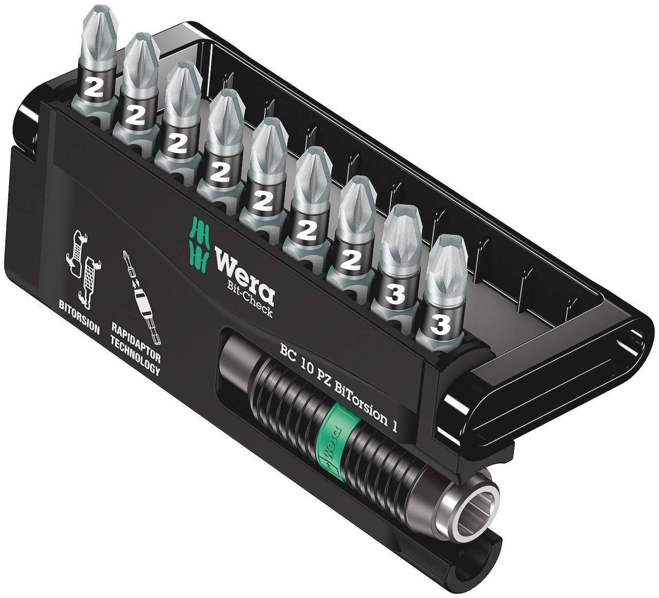 Wera Multi-Colour Bit-Check 10 Pz Bitorsion 1 All Round Long Life Pozidriv Bit Set, For Drill/Drivers, 10Pc, 05056368001