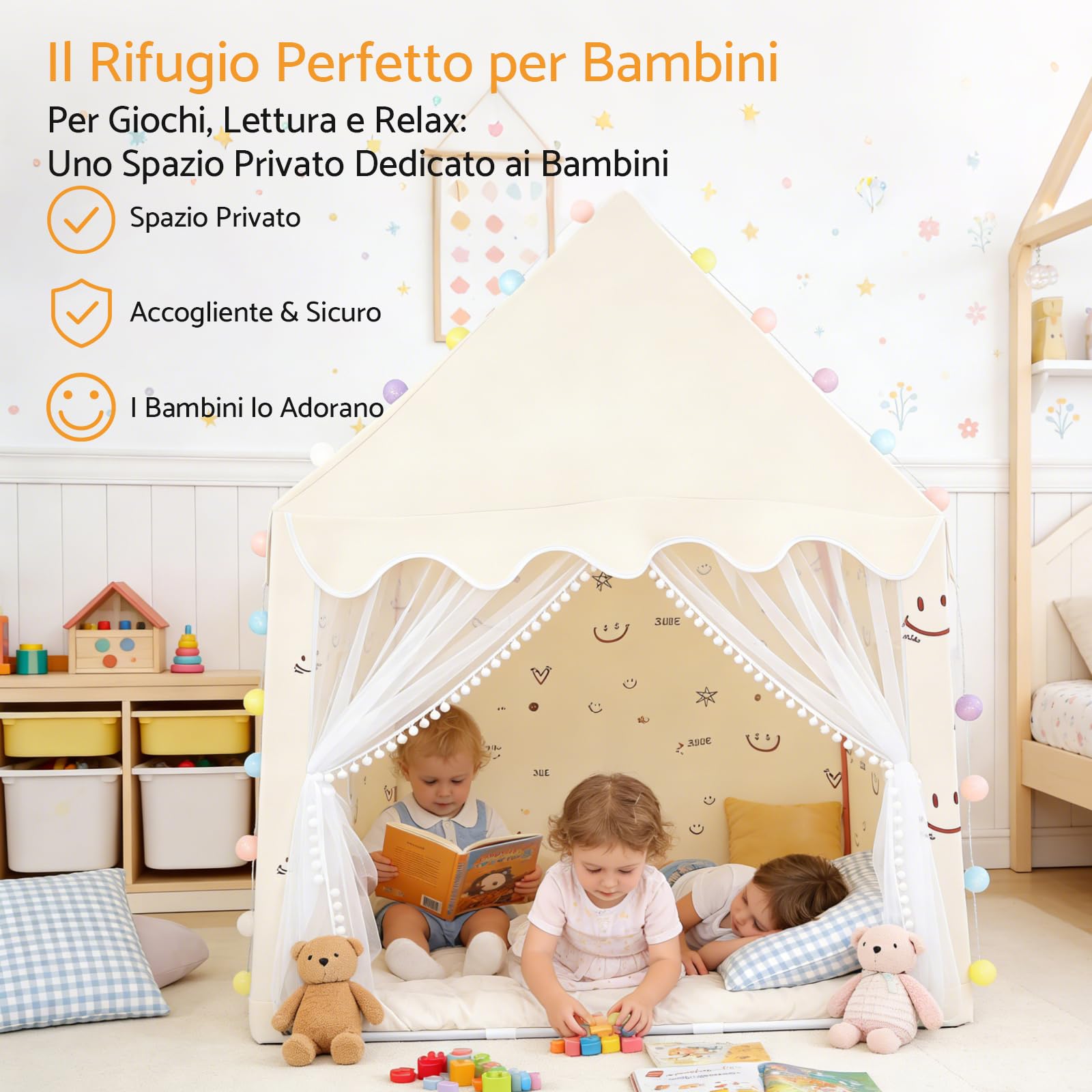 Tenda Gioco per Bambini 120×100×130 cm con Luci LED e Finestre | Capanna da Gioco per Bambini di 3-12 Anni Spaziosa e Portatile per Interno ed Esterno, Montaggio Rapido in 10 Minuti