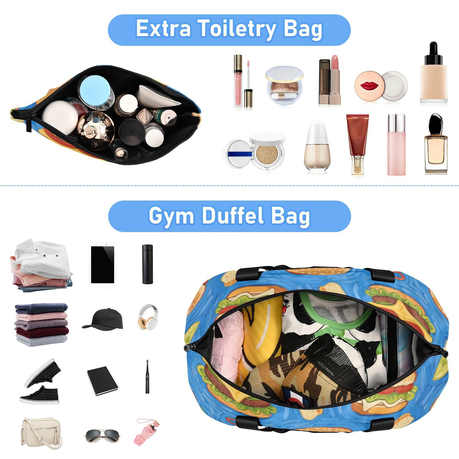 Borsa da viaggio per hamburger con cibo blu con tasca bagnata e tracolla regolabile, borsa da palestra per aereo, pieghevole, per uomini e donne