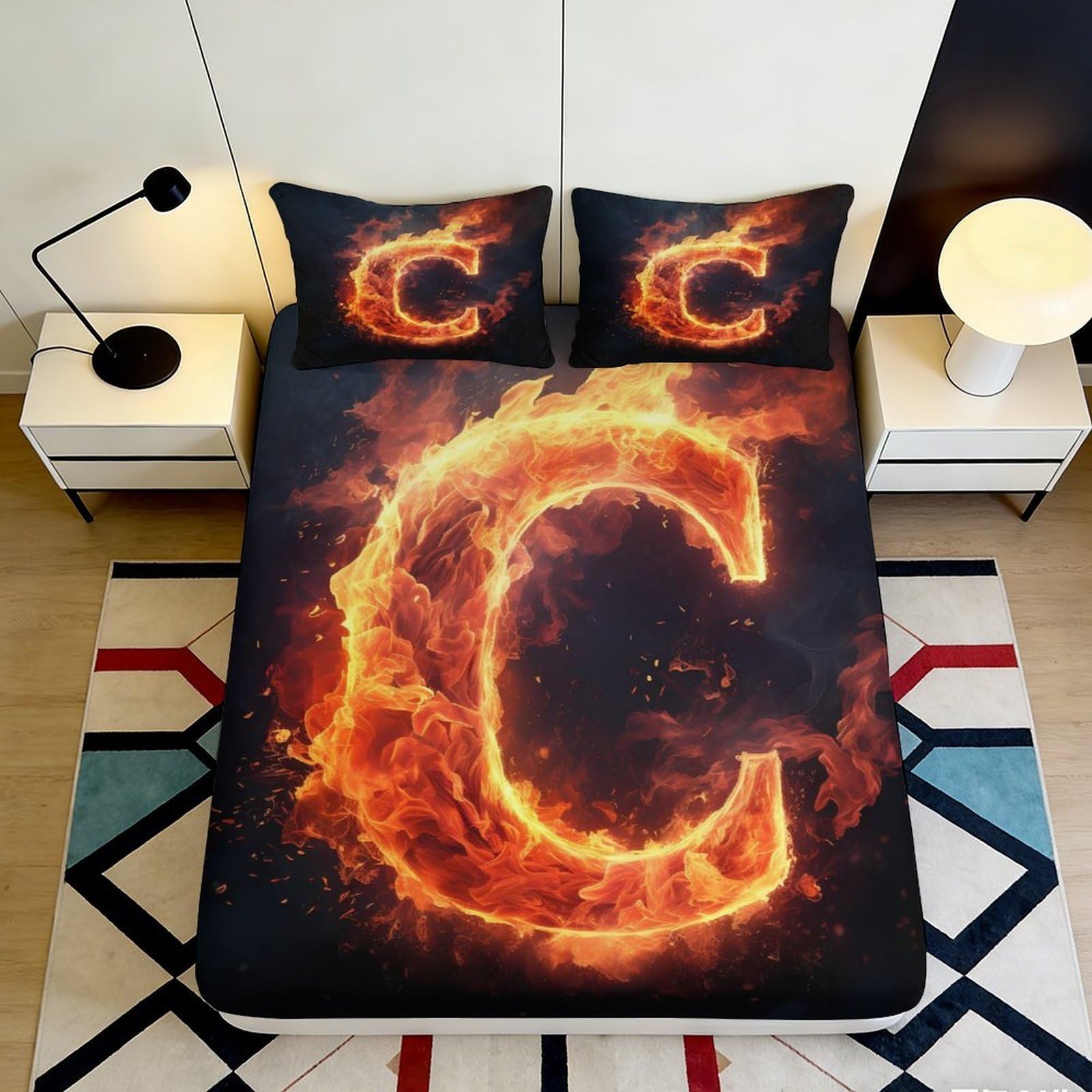 3D Printed Flaming Letter C Fitted Sheet Microfiber Vibrant Fire Bed Cover for Bedroom Dorm Mattress Protection 90x200x25cm