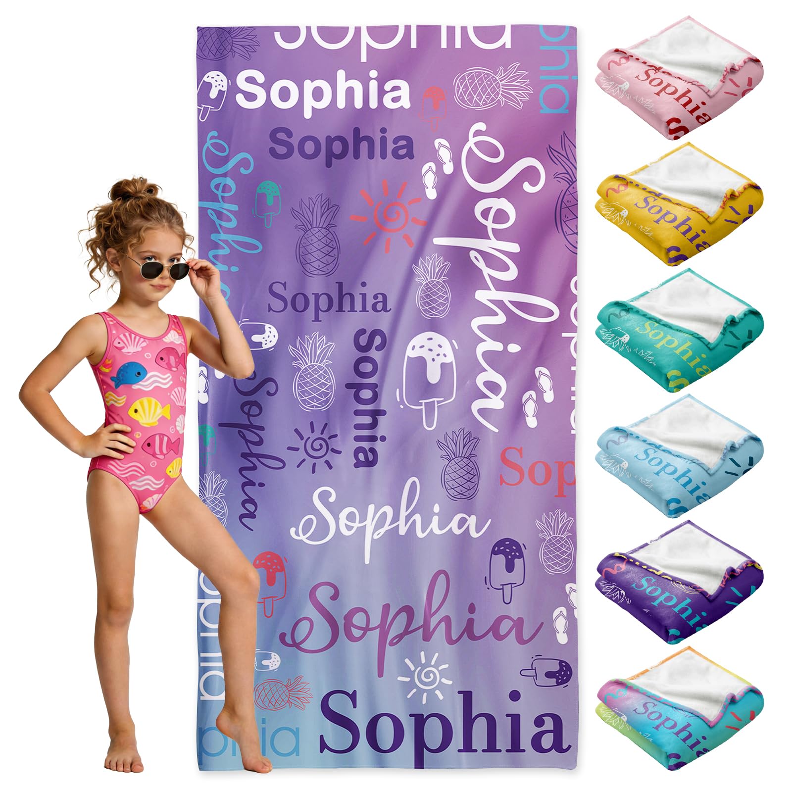 Loosusu Personalised Beach Towels for Kids - Custom Beach Towels with Monogram & Name- Multiple Colors Swimming Towels for Kids,Customised Bath/Pool/Beach Towel for Boys Girls(Style2)