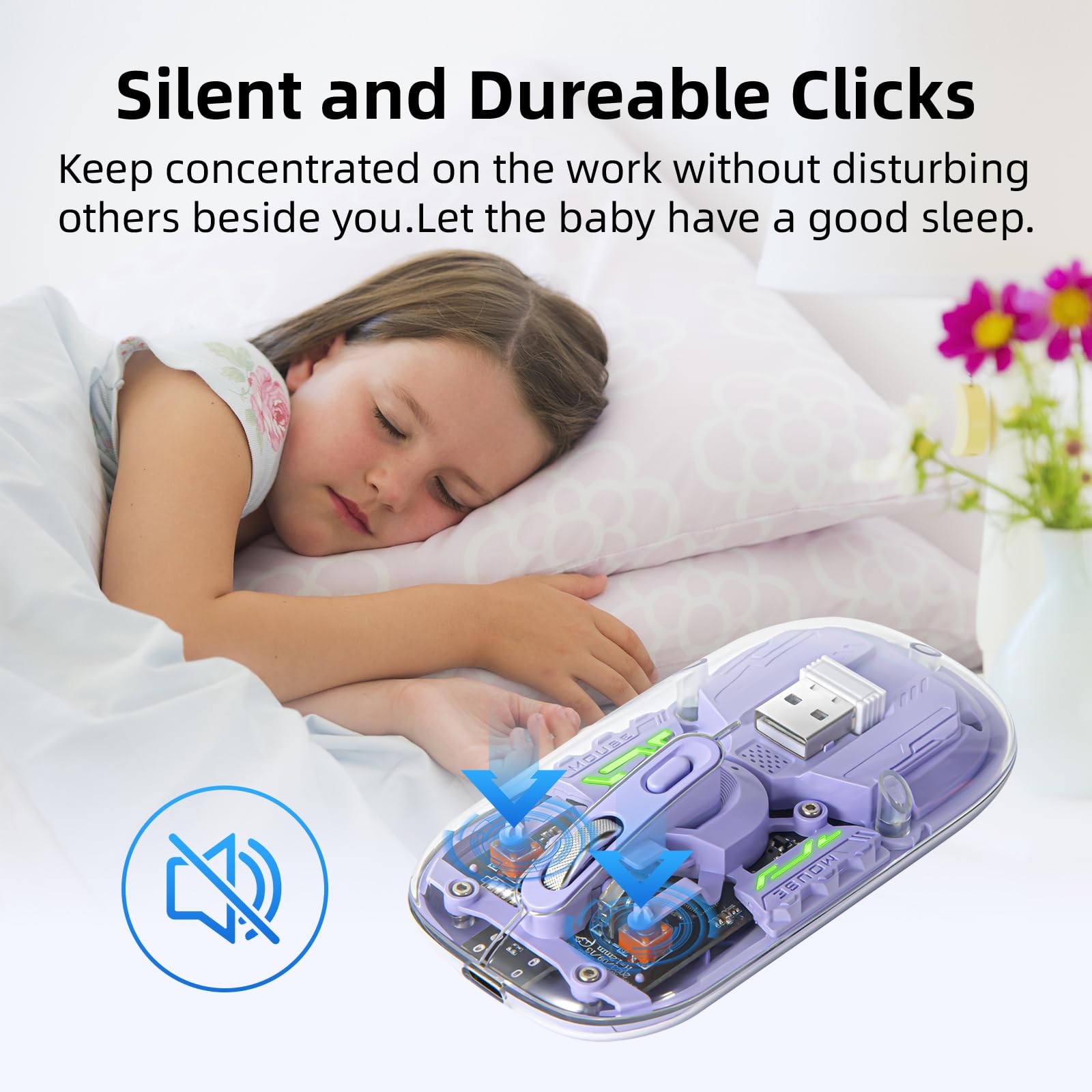 DANCESOUL Transparent Wireless Mouse 3 Mode(BT5.1/BT5.1/2.4G) Bluetooth Silent Rechargeable Silm Portable Mouse for Laptop,PC,MacBook,Chromebook,iPad,Tablet (Purple-Blue)