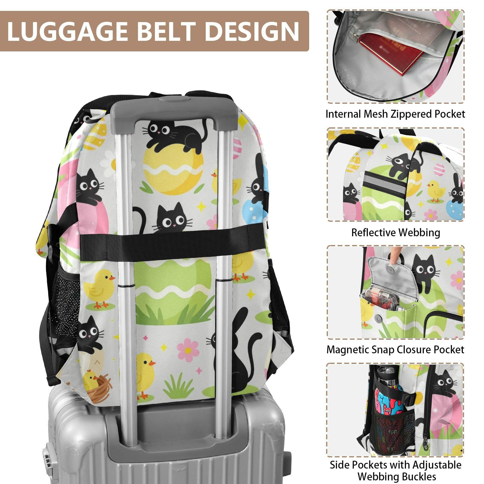 Duży plecak podróżny czarny kot z jajkami królika Happy Easter Work College School Bookbag