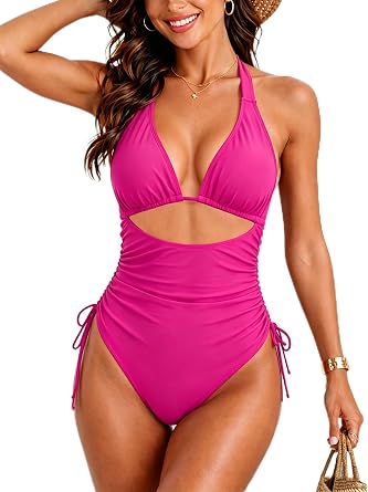 Leoparts Womens Halter V Neck One Piece Swimsuit Ruched Tummy Control Bathing Suit Drawstring Cutout Tie Back Swim Suit