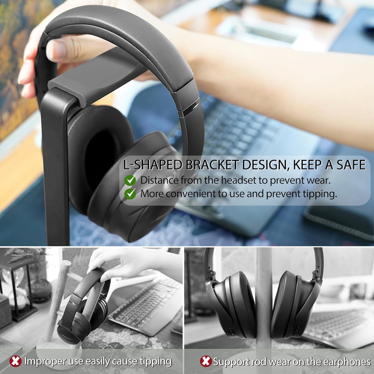 GEVO Headphone Stand for Desk - Wooden Headset Stand for Desk - Wooden Headphone Holder with Airpods Max and More(Square) - Image 5