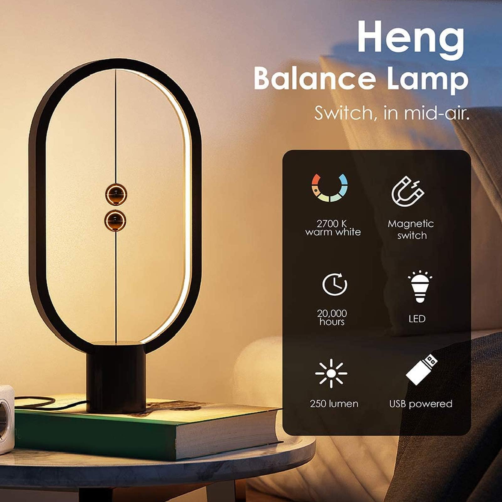 Heng Balance Lamp, Magnetic Balance Lamp Lampada da Scrivania Moderna Lampada da Tavolo a LED Alimentata Tramite USB Lampada in Plastica Camera da Letto Comodino Luce Notturna, Luce Soffusa per