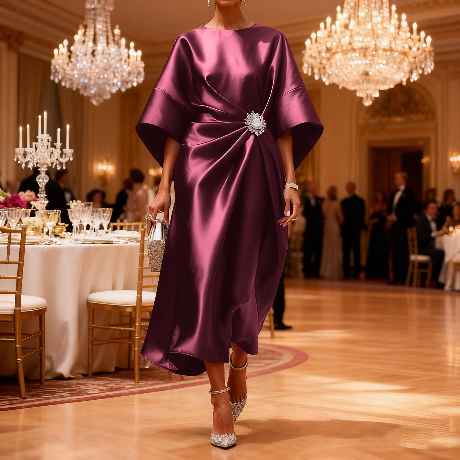 Abito midi da donna in raso a mezza manica moderno alla moda con maniche a pipistrello increspato con spilla di cristallo staccabile elegante abito casual in seta per matrimoni, cocktail, feste
