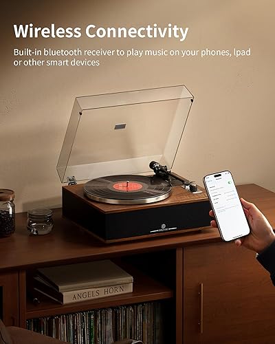 Miniatura 5 de ANGELS HORN Tocadiscos de vinilo, tocadiscos Bluetooth con altavoces incorporados, preamplificador de teléfono, tocadiscos de alta fidelidad para