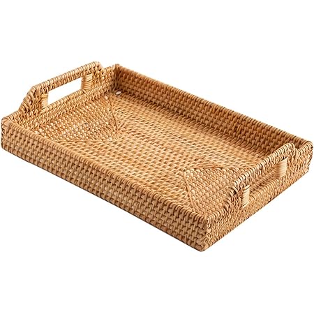 YBENWL Rectangular Rattan Serving Tray with Handles, Handwoven Wicker Decorative Display Serving Platters for Coffee, Breakfast, Drinks, Snack Multi-Purpose Dining Table Desktop Organiser Tray(L)
