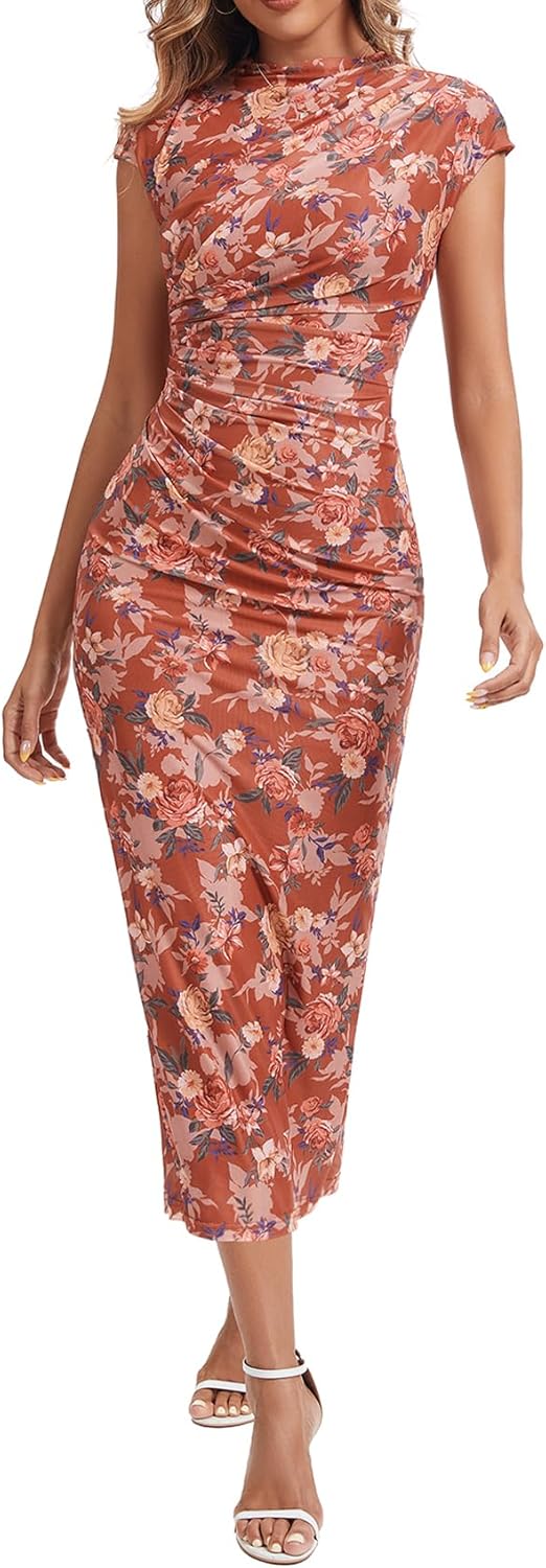 Women's Mock Neck Ruched Floral Mesh Bodycon Maxi Dress Cap Sleeve Tight Fitted Curvy Cocktail Club Party Dresses - Image 3