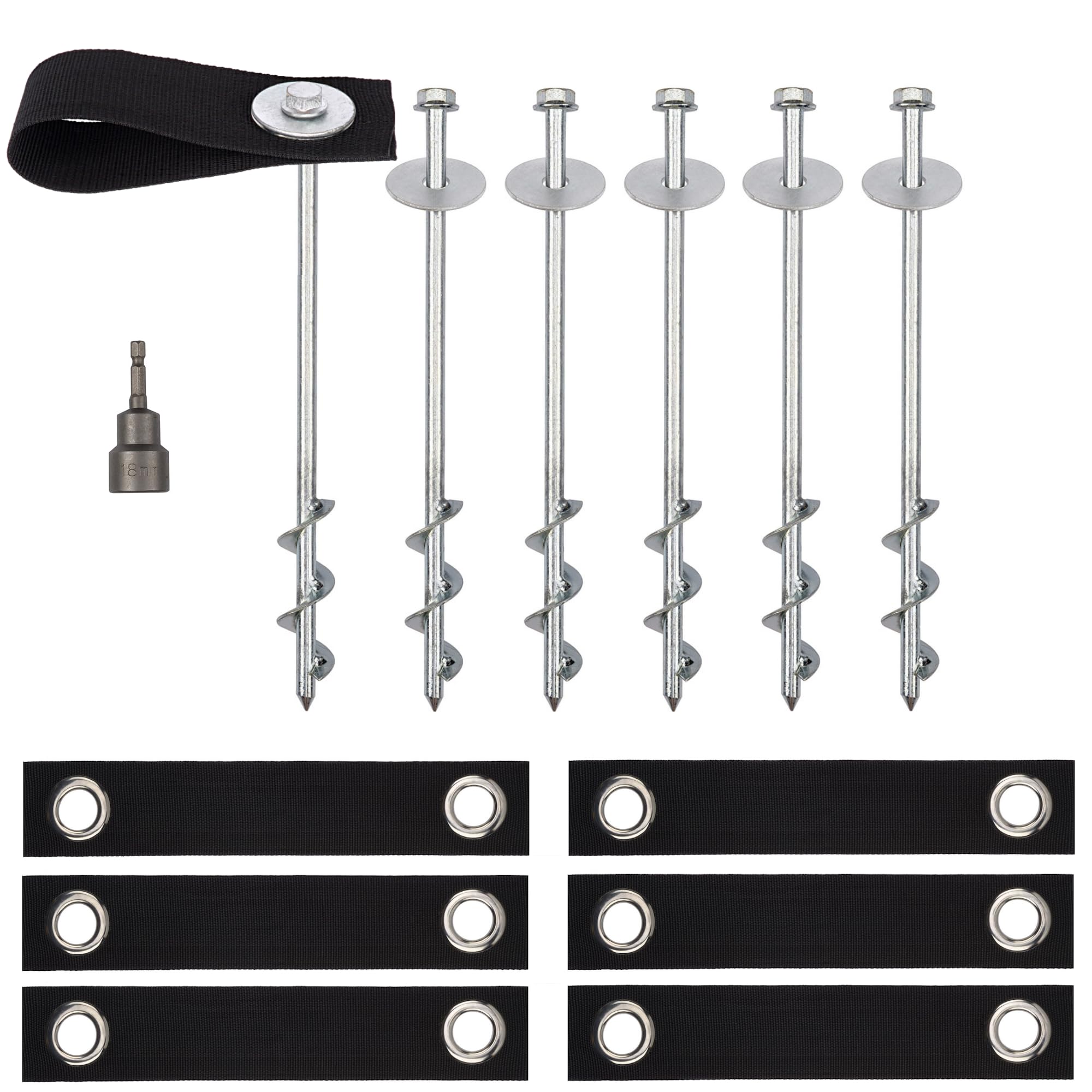 Trampoline Anchors High Wind Heavy Duty 12" Set of 4/6/8 with Straps, Drill Bit - Trampoline Anchor Kit - Trampoline Stakes Anchors High Wind - Ground