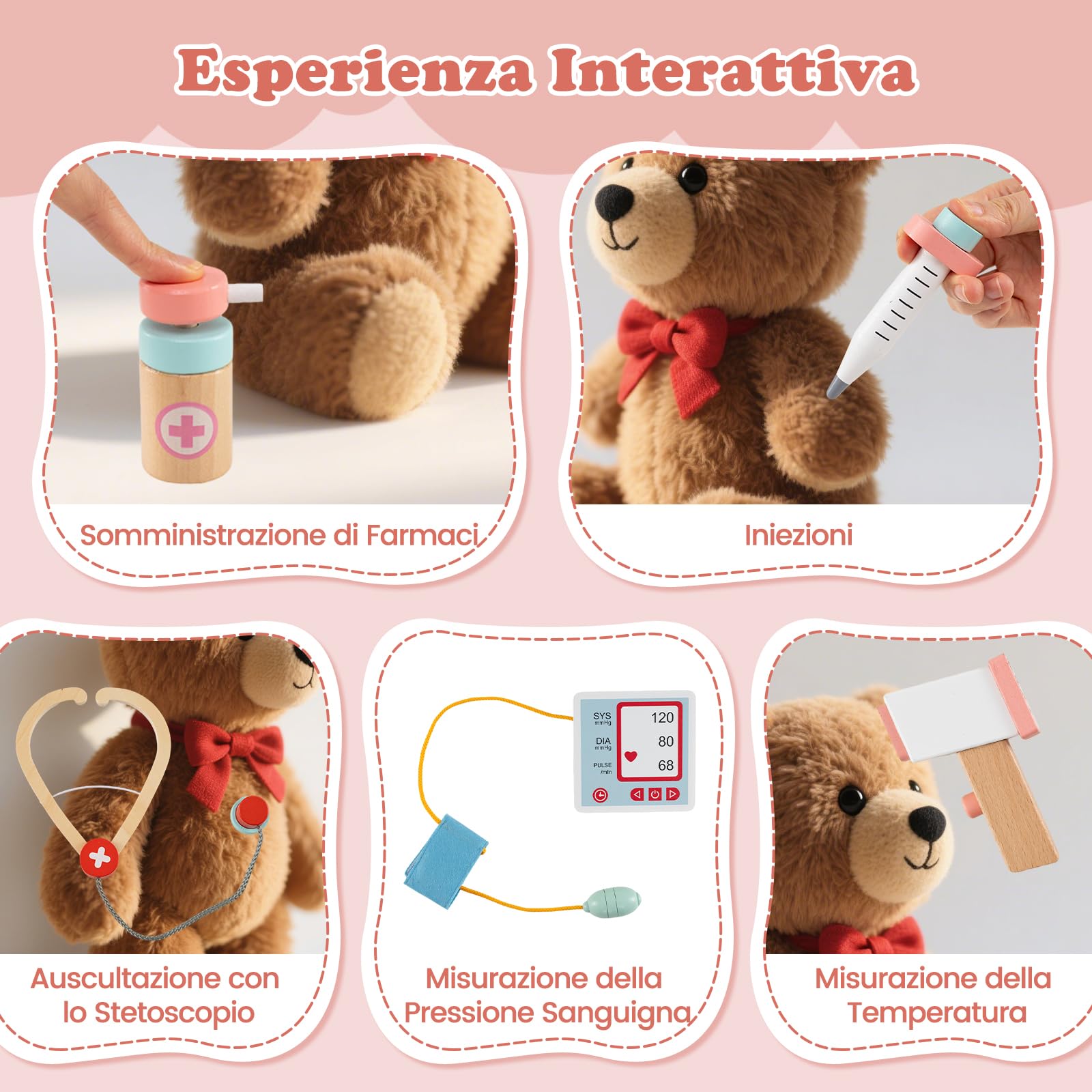GYMAX Set da Gioco Medico in Legno, Gioco di Ruolo Medico con Stetoscopio, Monitor ECG, Pellicola a Raggi X, Monitor di Pressione Sanguigna, Area d'Esame, 24 Accessori (Rosa)