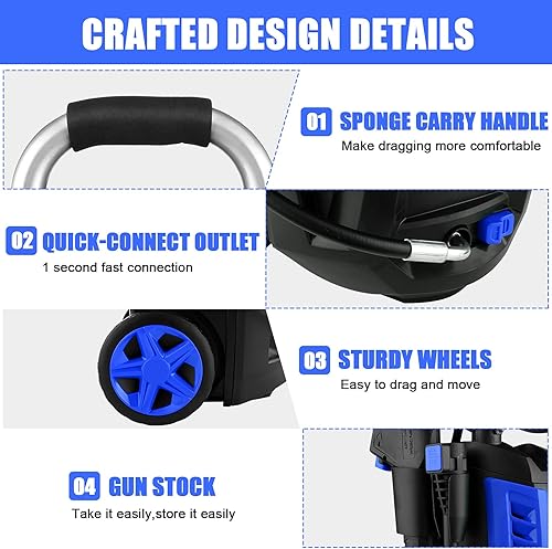 Miniatura 8 de TEANDE Lavadora a presión TE3800 2.5GPM 1800W de alta presión eléctrica con boquilla de pulverización todo en uno, carrete de manguera, manguera de