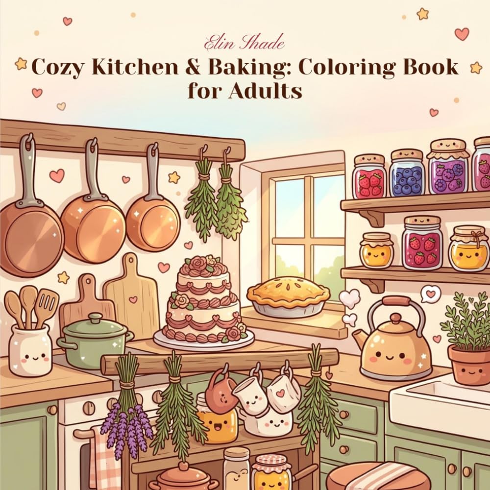 Cozy Kitchen & Baking: Coloring Book for Adults: 40 Kawaii Charming Home Scenes, Bold Easy Illustrations for Stress Relief, Cute Cottagecore for Women