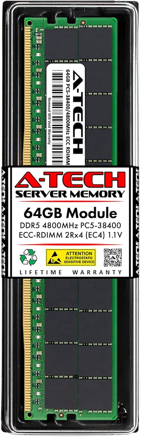 A-Tech 64GB DDR5 4800MHz PC5-38400 ECC RDIMM 2Rx4 (EC4 9x4) Dual Rank 1.1V ECC Registered DIMM 288-Pin Server RAM Memory Upgrade Module (A-Tech Enterprise Series)