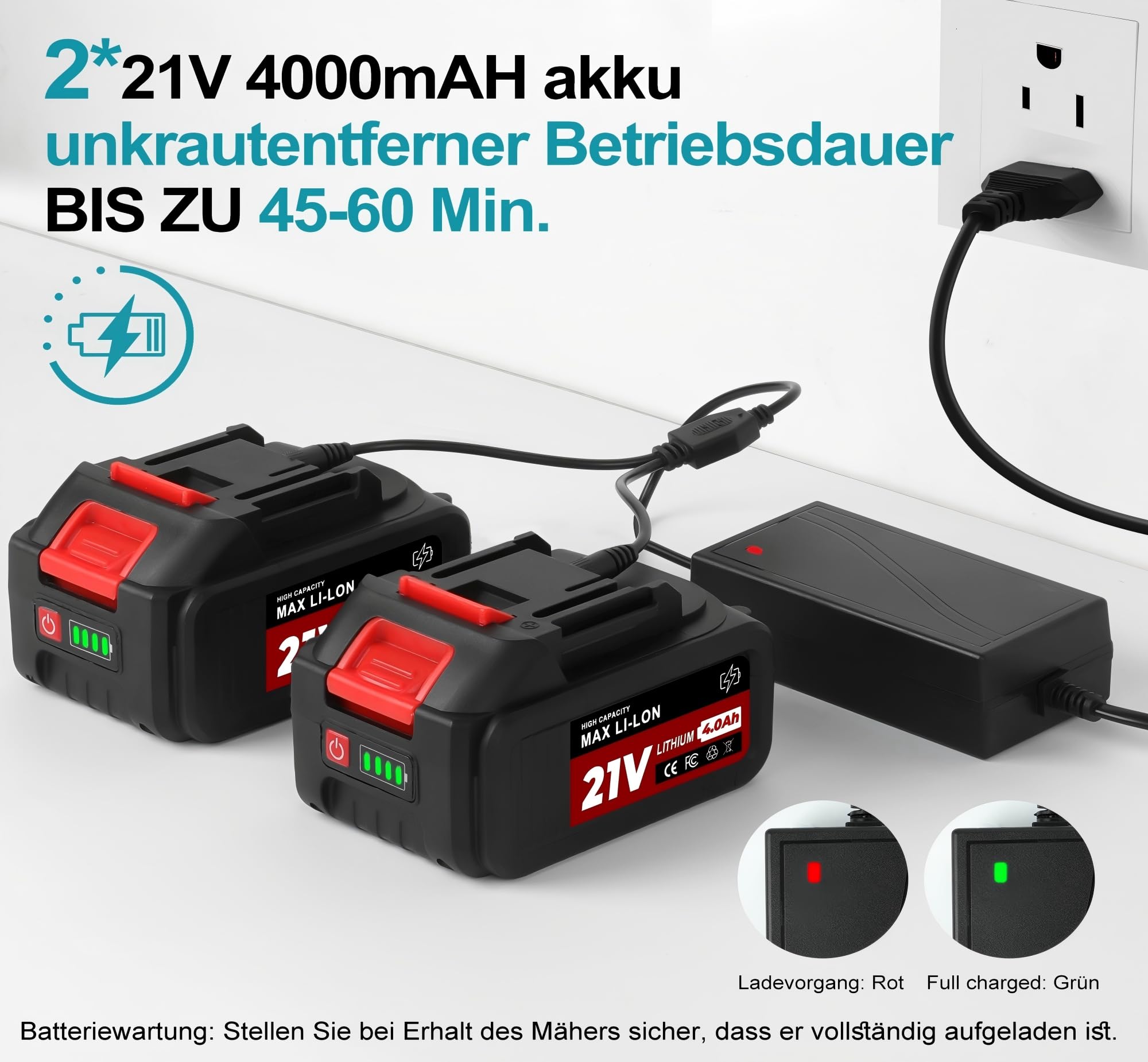 TerraKraft 21 V Rasentrimmer mit Akku, Rasentrimmer mit Unkrautbürste. 750w Bürstenloser Motor, 180° Collapsible, Die Teleskophöhe ca 95 cm - 145 cm, 90° Trimmwinkel(Inkl2 x 4,0Ah Akku)(Rot)