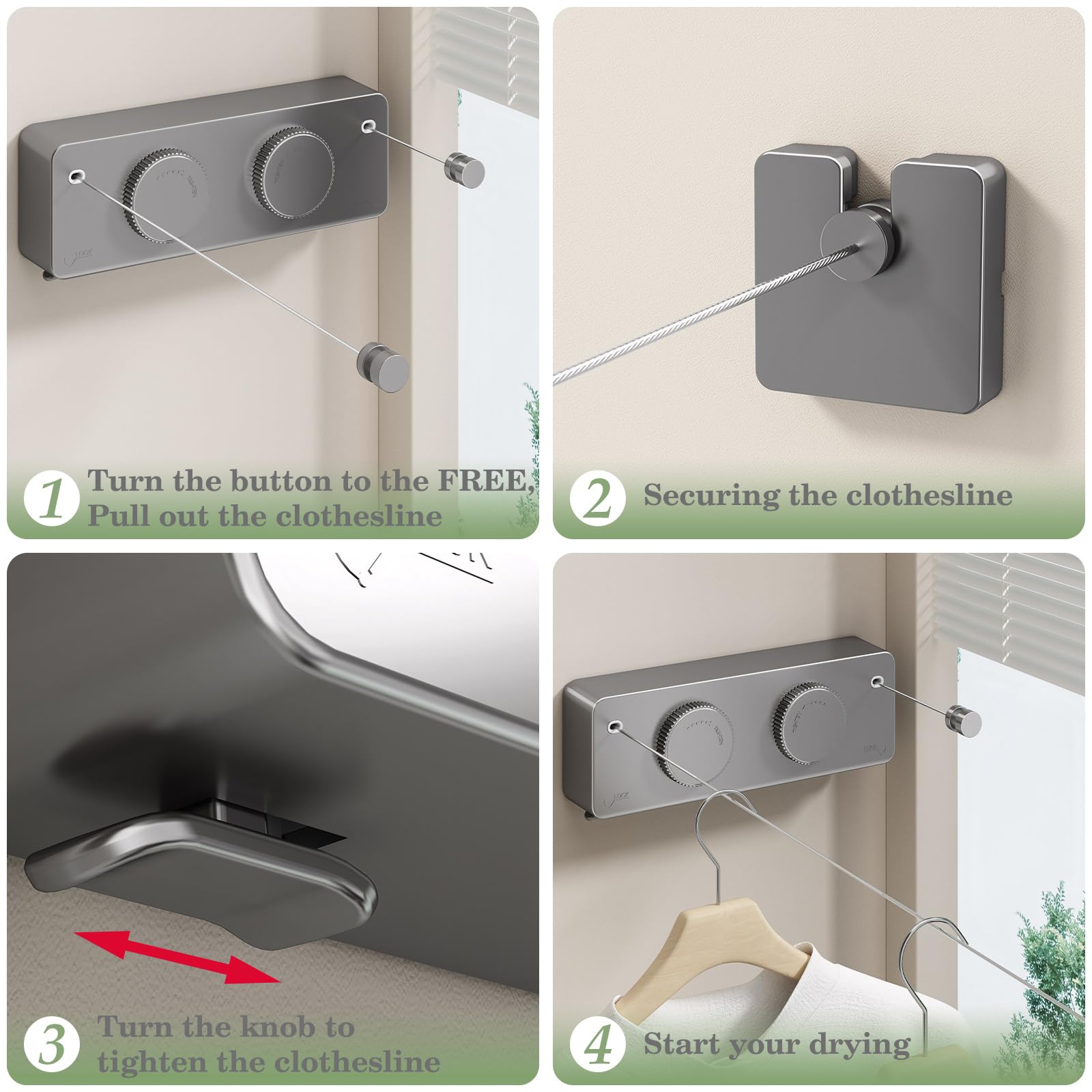 Danpoo Tendedero retráctil, perilla ajustable anticaída, resistente al desgaste, para interiores y exteriores, con alambre de acero inoxidable de 2 x 14 pies, soluciones de secado de pared de