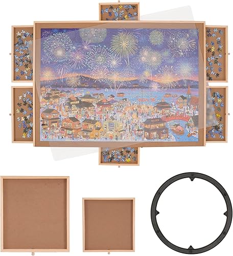 VEVOR Tablero de rompecabezas de 2000 piezas con 6 cajones y cubierta, meseta giratoria de madera de 40.2 x 29.4 pulgadas, accesorios portátiles