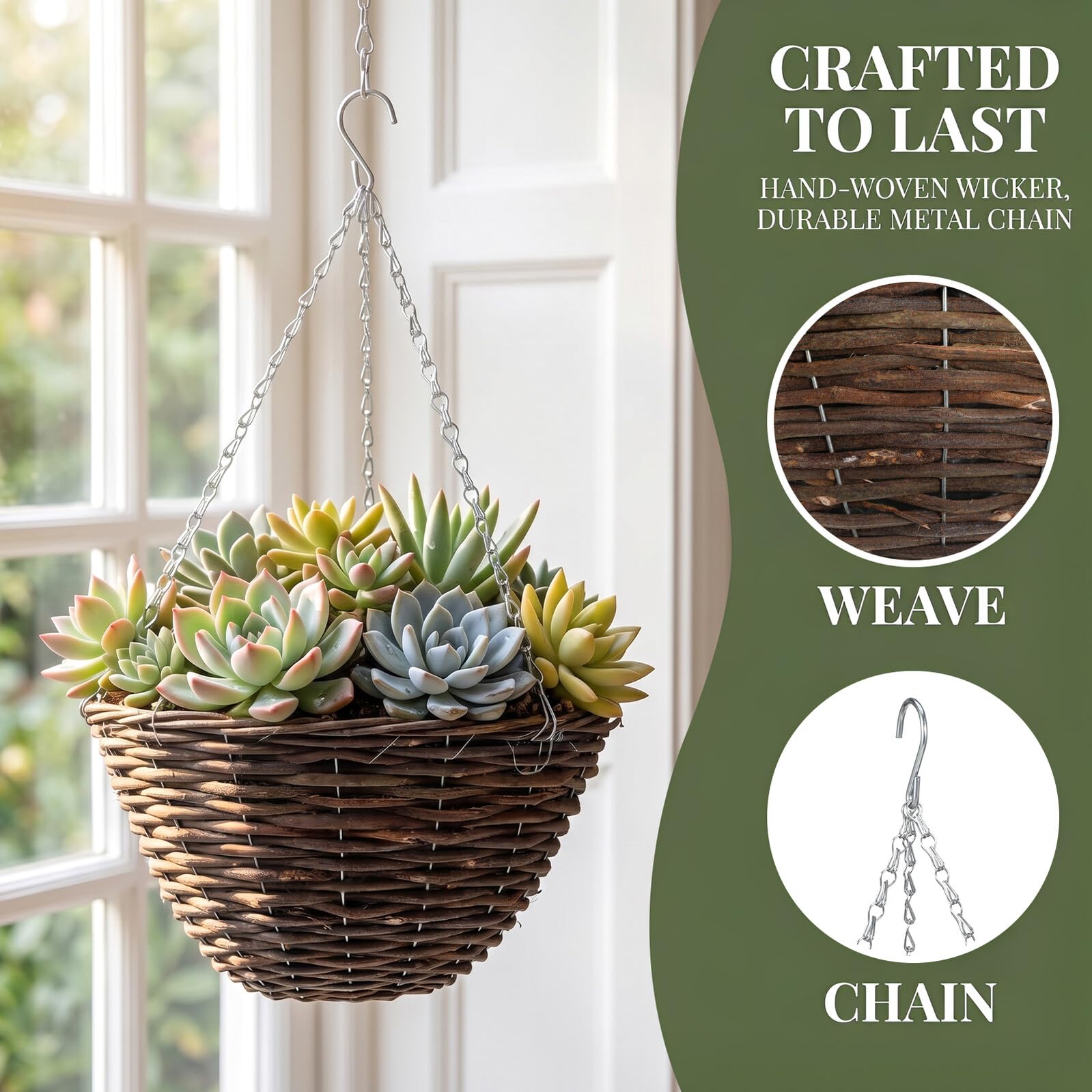 Set 2 Pezzi Vasi Sospesi per Piante in Rattan Fatti a Mano, Portavasi da Balcone Eleganti e Resistenti in Metallo per Fiori e Piante Grasse, per Finestre e Balconi